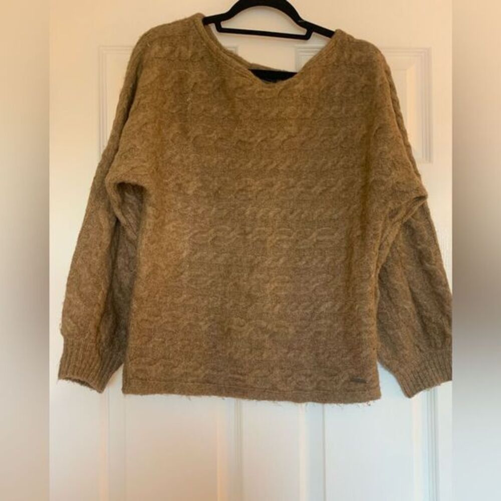 Abercrombie Tan Cable Knit Boatneck Sweater Bishop Sleeves Pullover